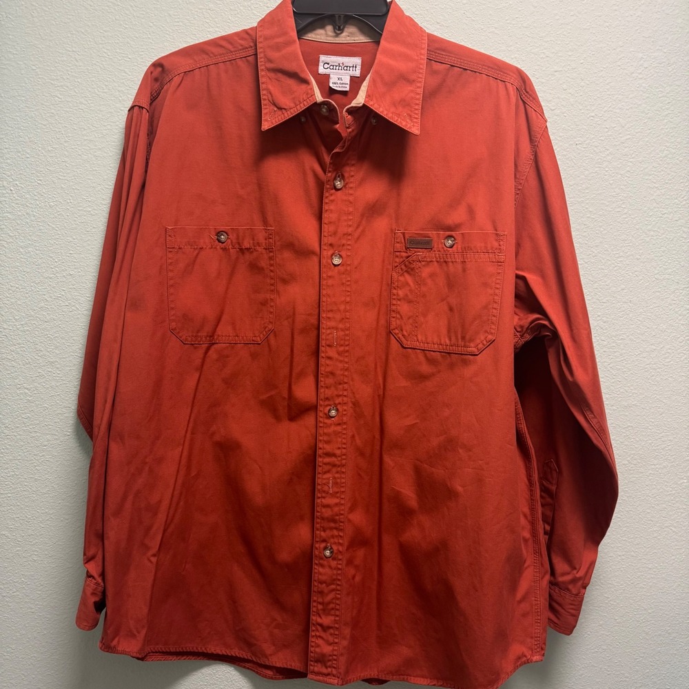 VTG Carhartt Mens XL Burnt Orange Cotton Canvas Long Sleeve Button Up Work Shirt